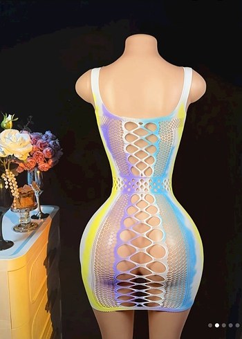 Pastel Renkli Dantel Detaylı Mini Elbise Vücut Çorabı - Görsel 5