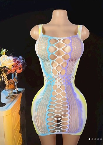 Pastel Renkli Dantel Detaylı Mini Elbise Vücut Çorabı - Görsel 4