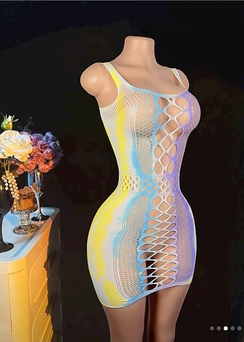 Pastel Renkli Dantel Detaylı Mini Elbise Vücut Çorabı - Görsel 6