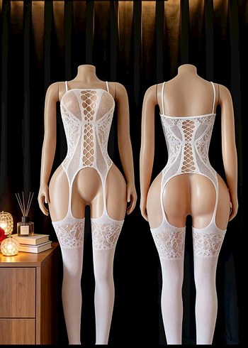 Beyaz Renk Dantelli Jartiyerli Vücut Çorabı - Görsel 7