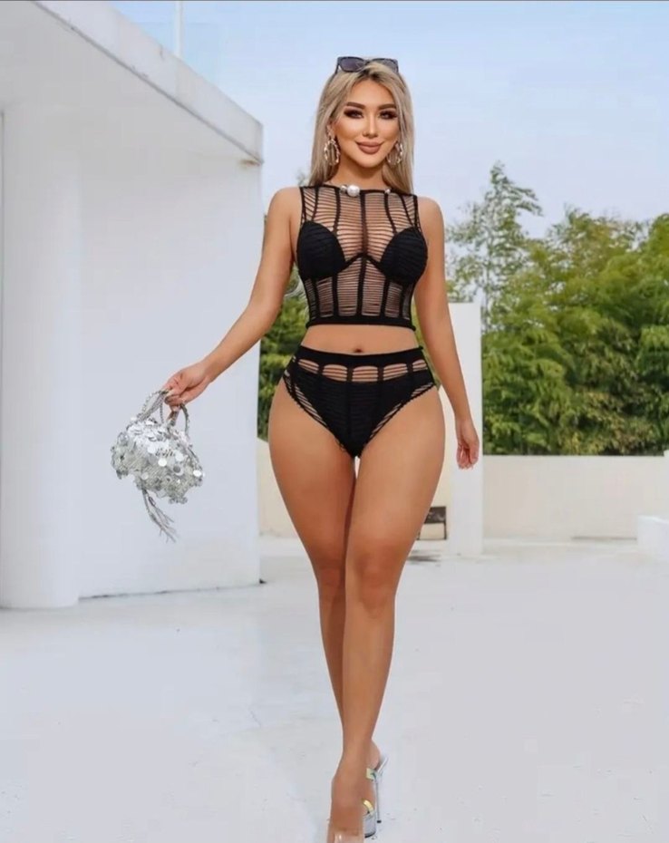 Siyah Transparan Dantel Detaylı Mayo Üstü set - Görsel 3