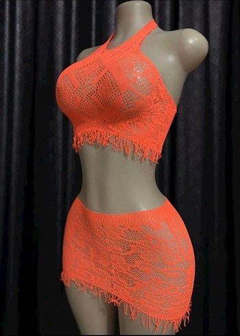 Turuncu Dantelli Mini Etek Büstiyer Set - Görsel 7