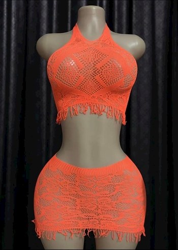 Turuncu Dantelli Mini Etek Büstiyer Set - Görsel 4