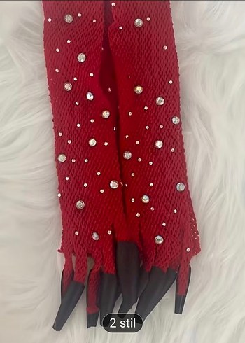 Kırmızı Parlak Taşlı Takma Tırnaklı Gotik File Eldiven - Görsel 6