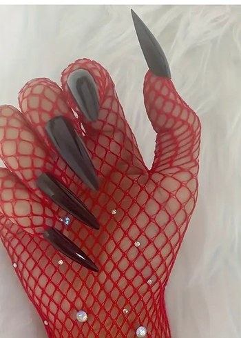 Kırmızı Parlak Taşlı Takma Tırnaklı Gotik File Eldiven - Görsel 3