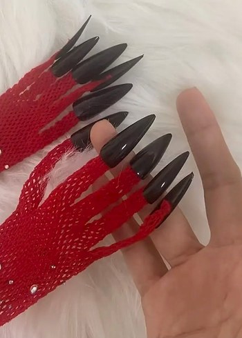 Kırmızı Parlak Taşlı Takma Tırnaklı Gotik File Eldiven - Görsel 5