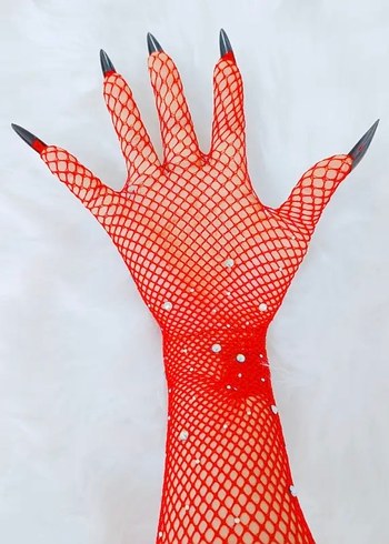 Kırmızı Parlak Taşlı Takma Tırnaklı Gotik File Eldiven - Görsel 7