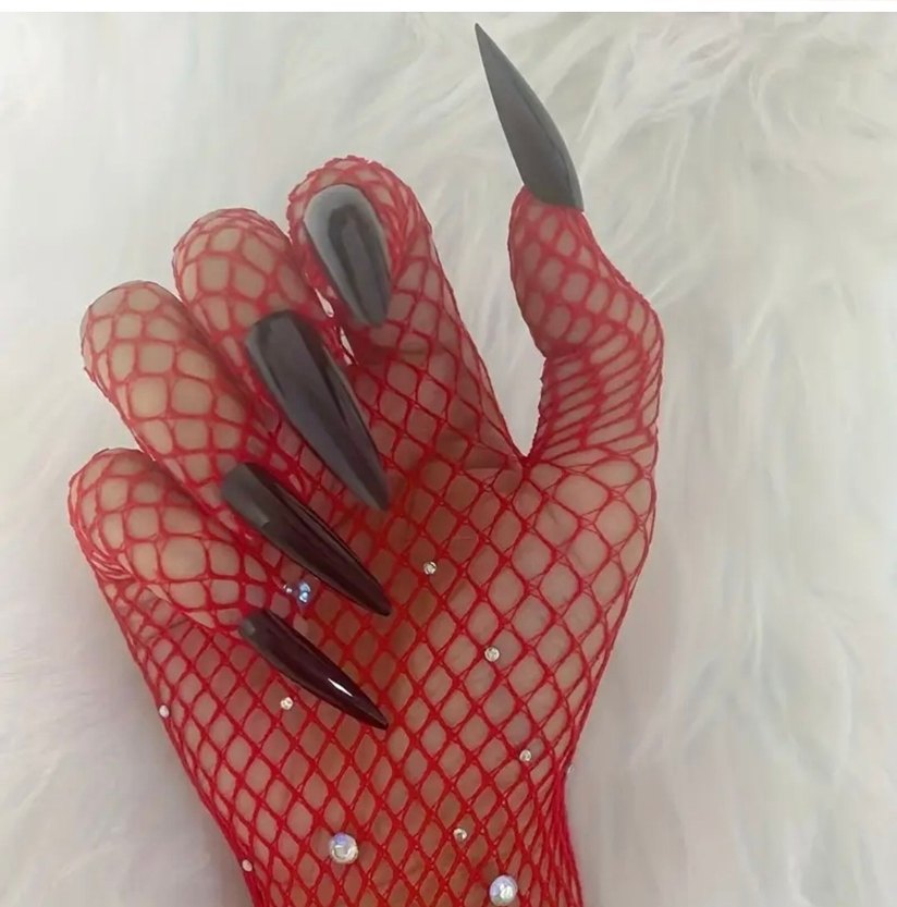 Kırmızı Parlak Taşlı Takma Tırnaklı Gotik File Eldiven - Görsel 3