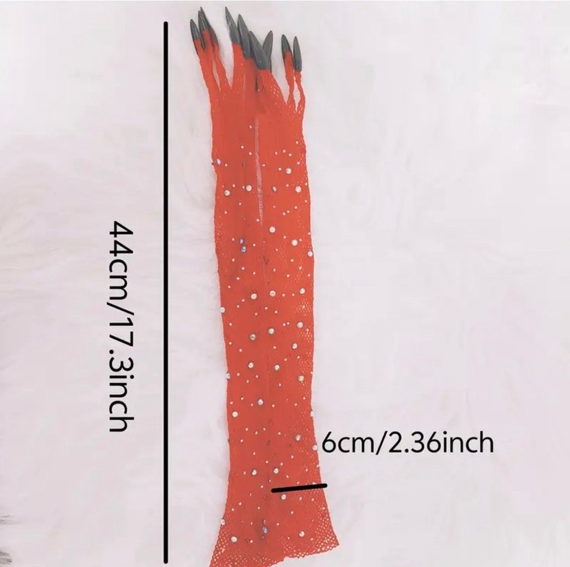 Kırmızı Parlak Taşlı Takma Tırnaklı Gotik File Eldiven - Görsel 4