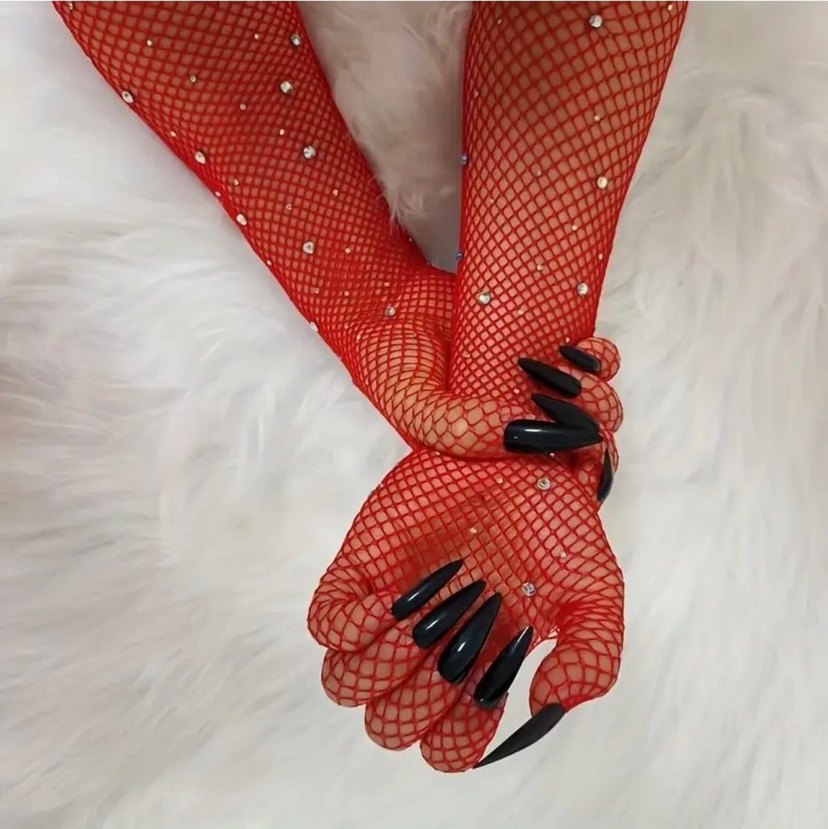 Kırmızı Parlak Taşlı Takma Tırnaklı Gotik File Eldiven - Görsel 2