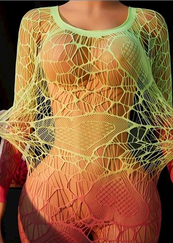 Renkli Dantel Detaylı Uzun Kollu Mini Elbise Vücut Çorabı - Görsel 5