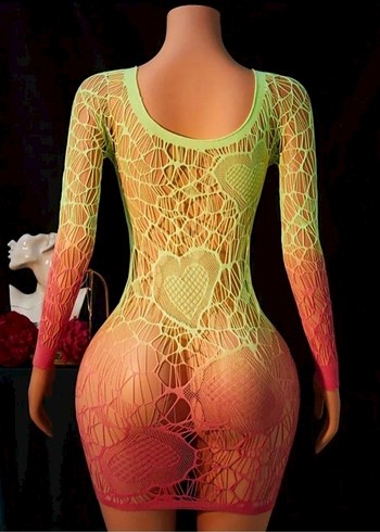 Renkli Dantel Detaylı Uzun Kollu Mini Elbise Vücut Çorabı - Görsel 2