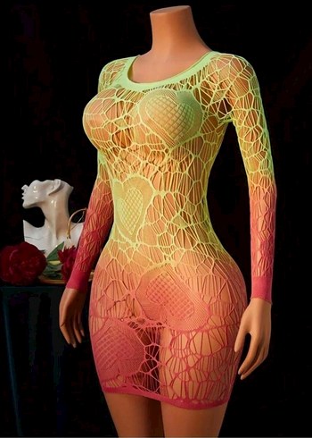 Renkli Dantel Detaylı Uzun Kollu Mini Elbise Vücut Çorabı - Görsel 3