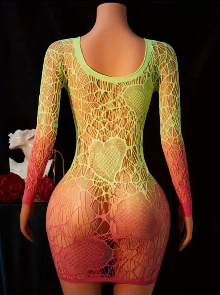 Renkli Dantel Detaylı Uzun Kollu Mini Elbise Vücut Çorabı - Görsel 2