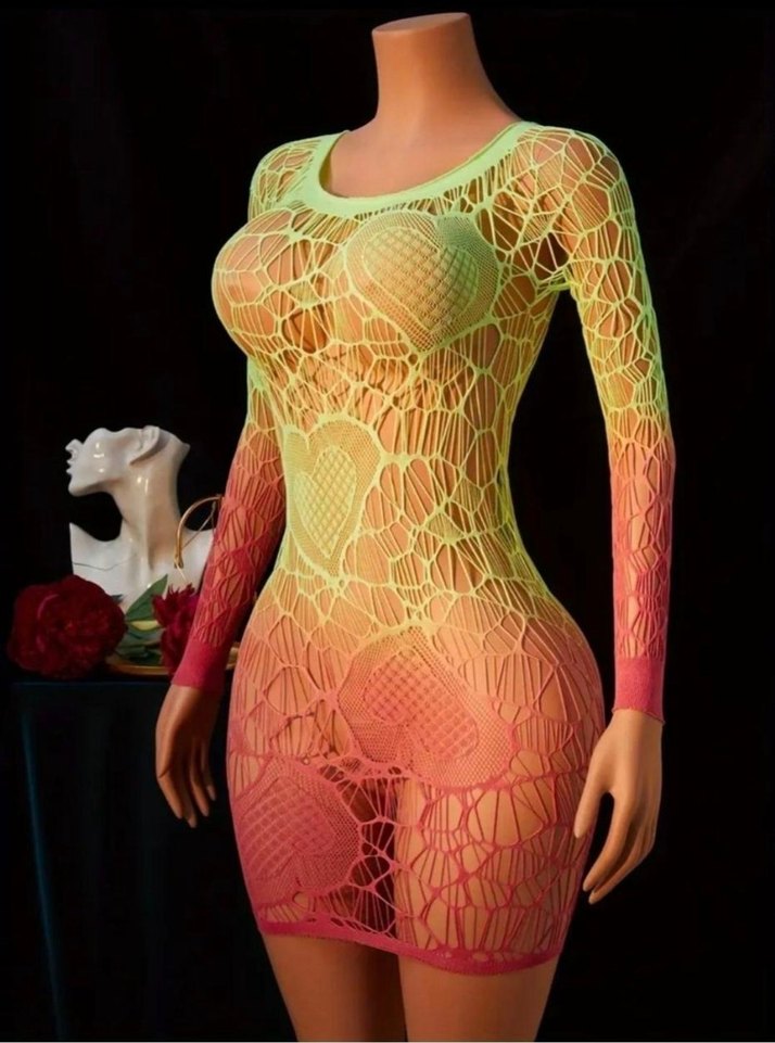 Renkli Dantel Detaylı Uzun Kollu Mini Elbise Vücut Çorabı - Görsel 3