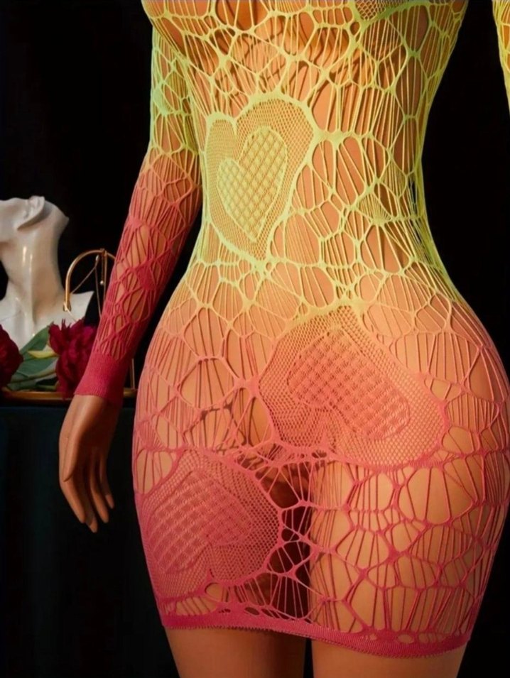 Renkli Dantel Detaylı Uzun Kollu Mini Elbise Vücut Çorabı - Görsel 4