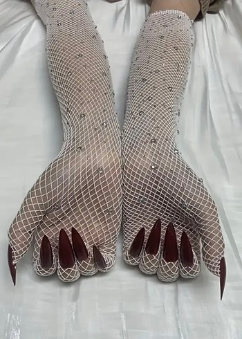 Parlak Taşlı Bordo Tırnak Süslemeli File Eldiven - Görsel 7