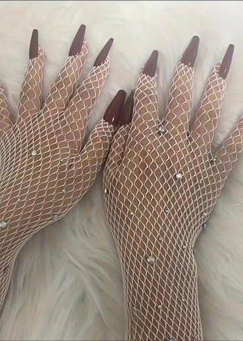 Parlak Taşlı Bordo Tırnak Süslemeli File Eldiven - Görsel 5