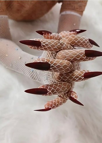 Parlak Taşlı Bordo Tırnak Süslemeli File Eldiven - Görsel 2