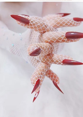 Parlak Taşlı Bordo Tırnak Süslemeli File Eldiven - Görsel 4