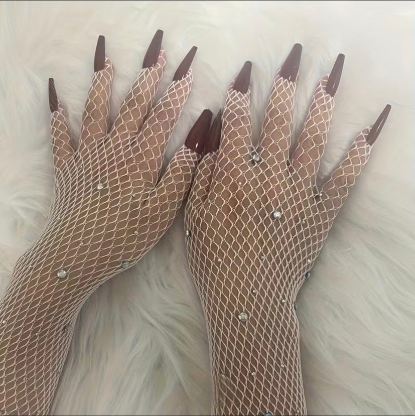 Parlak Taşlı Bordo Tırnak Süslemeli File Eldiven - Görsel 5