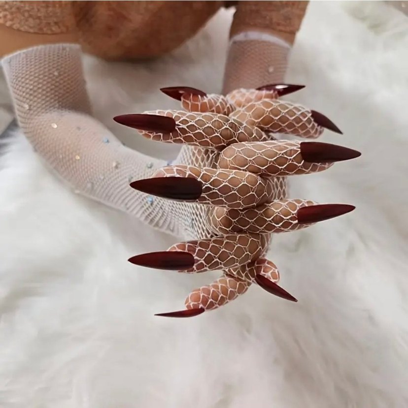 Parlak Taşlı Bordo Tırnak Süslemeli File Eldiven - Görsel 2