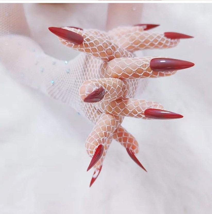 Parlak Taşlı Bordo Tırnak Süslemeli File Eldiven - Görsel 4