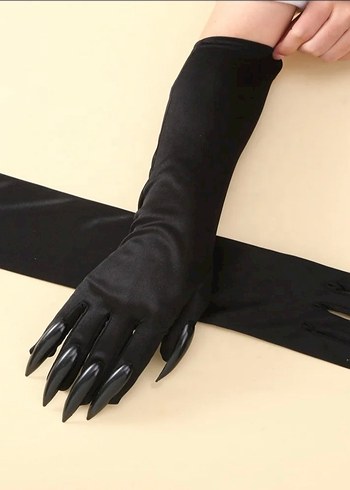 Uzun Siyah Gotik Takma Tırnaklı Kadın Eldiveni - Görsel 4