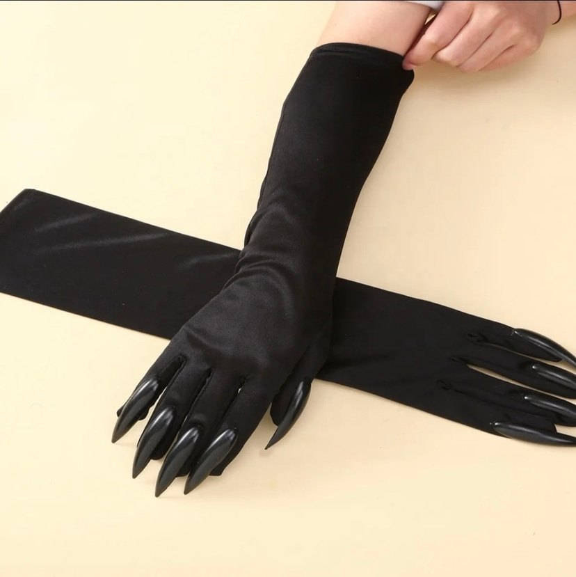Uzun Siyah Gotik Takma Tırnaklı Kadın Eldiveni - Görsel 4