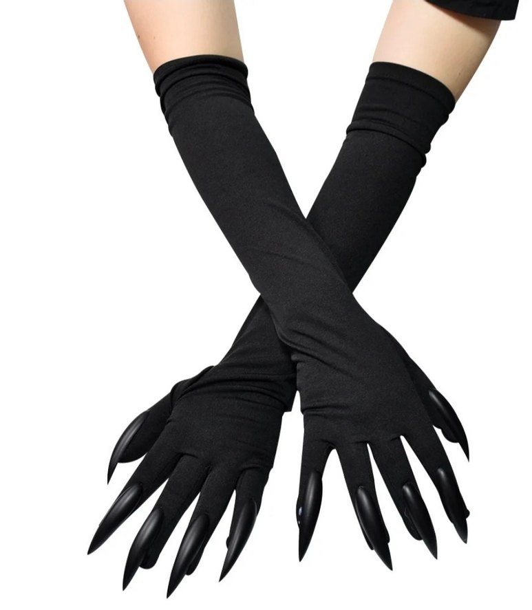 Uzun Siyah Gotik Takma Tırnaklı Kadın Eldiveni - Görsel 2