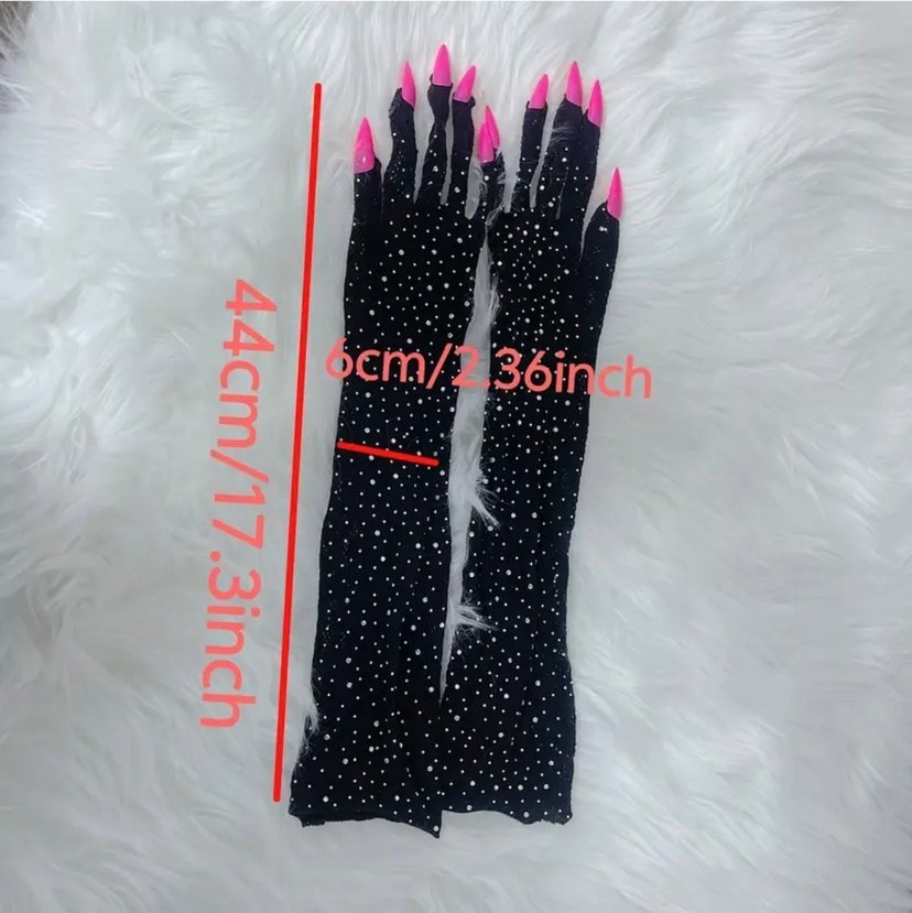 Dantel Detaylı Siyah Parlak Pul ve Tırnaklı Gotik Eldiven - Görsel 4