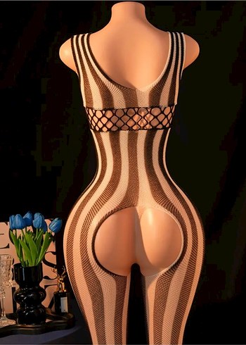 Dantel Detaylı Siyah Beyaz Çizgili Vücut Çorabı - Görsel 8