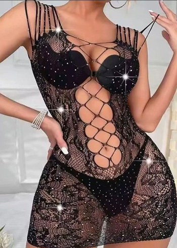 Siyah Parlak Taşlı Elbise Vücut Çorabı - Görsel 6