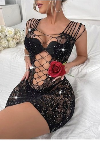 Siyah Parlak Taşlı Elbise Vücut Çorabı - Görsel 2