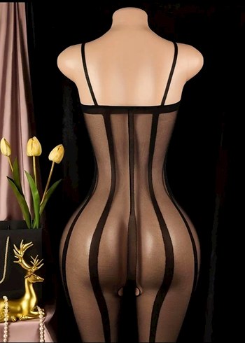 Şeffaf Siyah Çizgili Tül Vücut Çorabı - Görsel 9