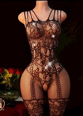 Siyah Parlak Taşlı Jartiyer Desenli Vücut Çorabı - Görsel 5