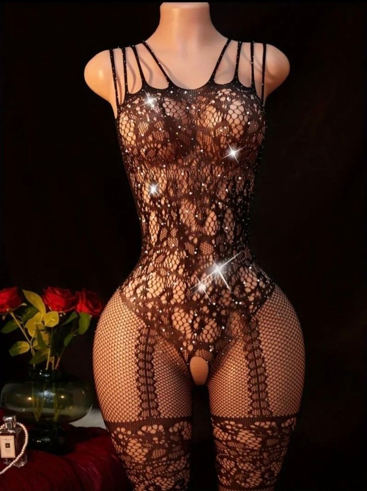 Siyah Parlak Taşlı Jartiyer Desenli Vücut Çorabı - Görsel 5