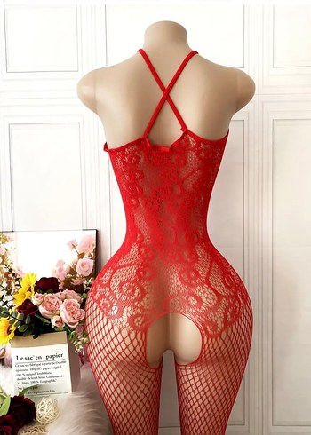 Dantel Detaylı Kurdeleli Kırmızı Vücut Çorabı - Görsel 9