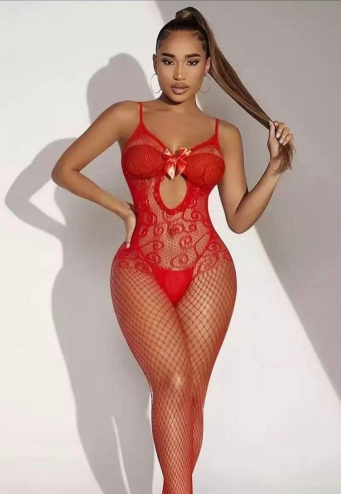 Dantel Detaylı Kurdeleli Kırmızı Vücut Çorabı - Görsel 2