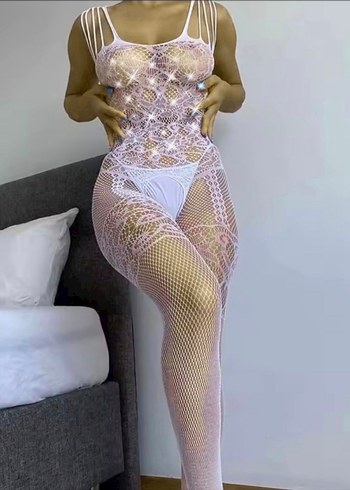 Toz Pembe Parlak Taşlı Jartiyer Desenli Vücut Çorabı - Görsel 2