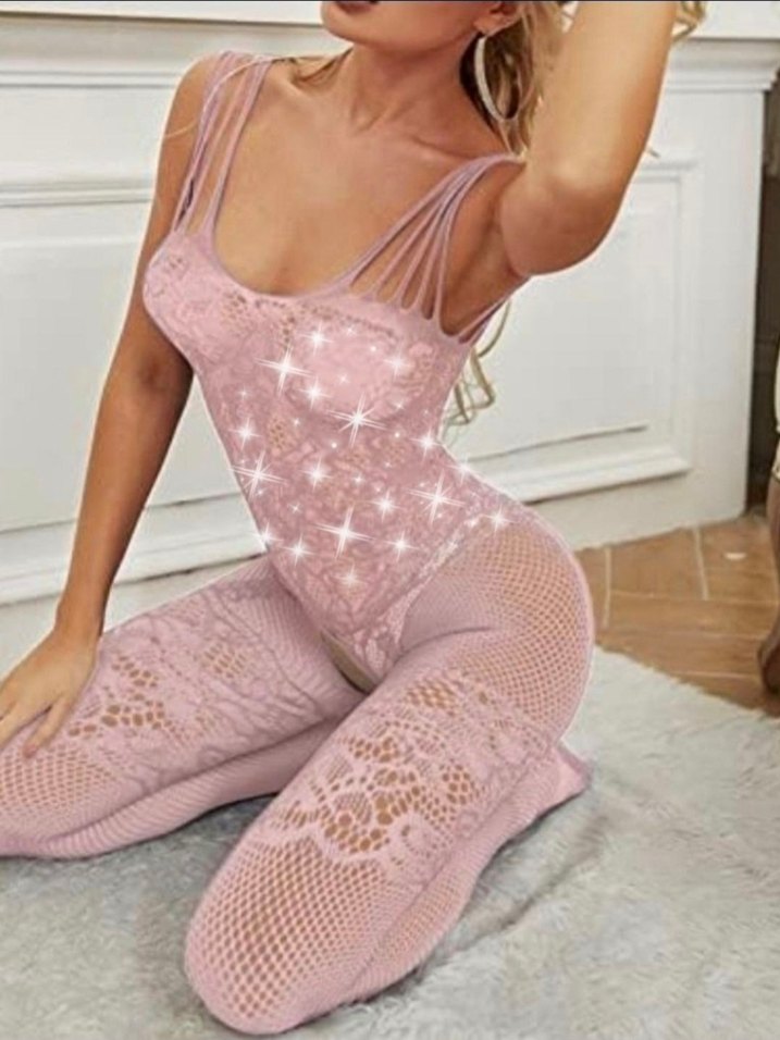 Toz Pembe Parlak Taşlı Jartiyer Desenli Vücut Çorabı - Görsel 5