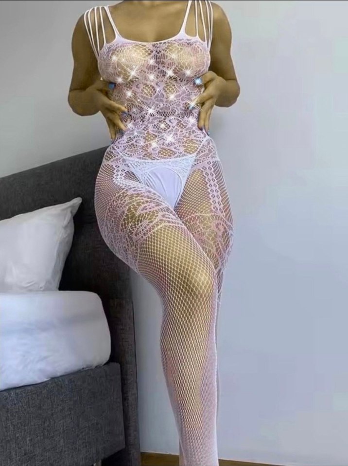 Toz Pembe Parlak Taşlı Jartiyer Desenli Vücut Çorabı - Görsel 2