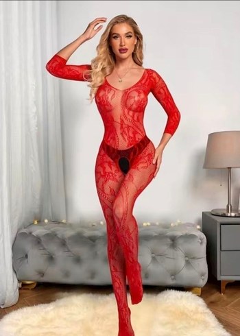 Kırmızı Dantel Detaylı Uzun Kollu Vücut Çorabı - Görsel 3