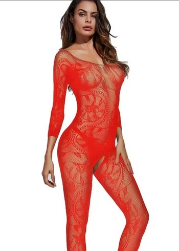 Kırmızı Dantel Detaylı Uzun Kollu Vücut Çorabı - Görsel 2