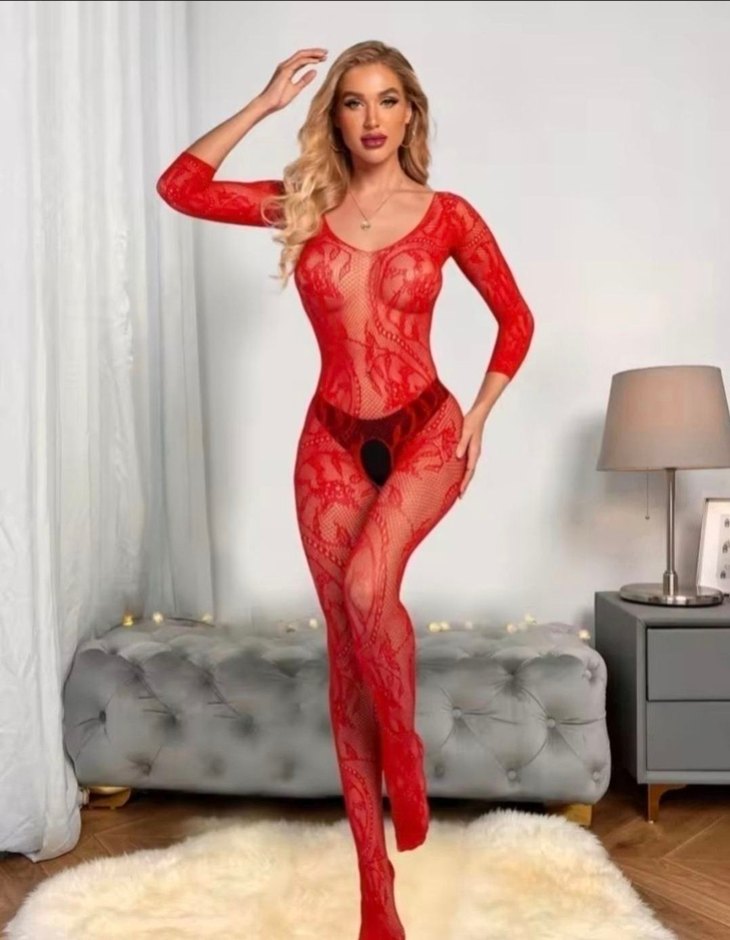 Kırmızı Dantel Detaylı Uzun Kollu Vücut Çorabı - Görsel 3