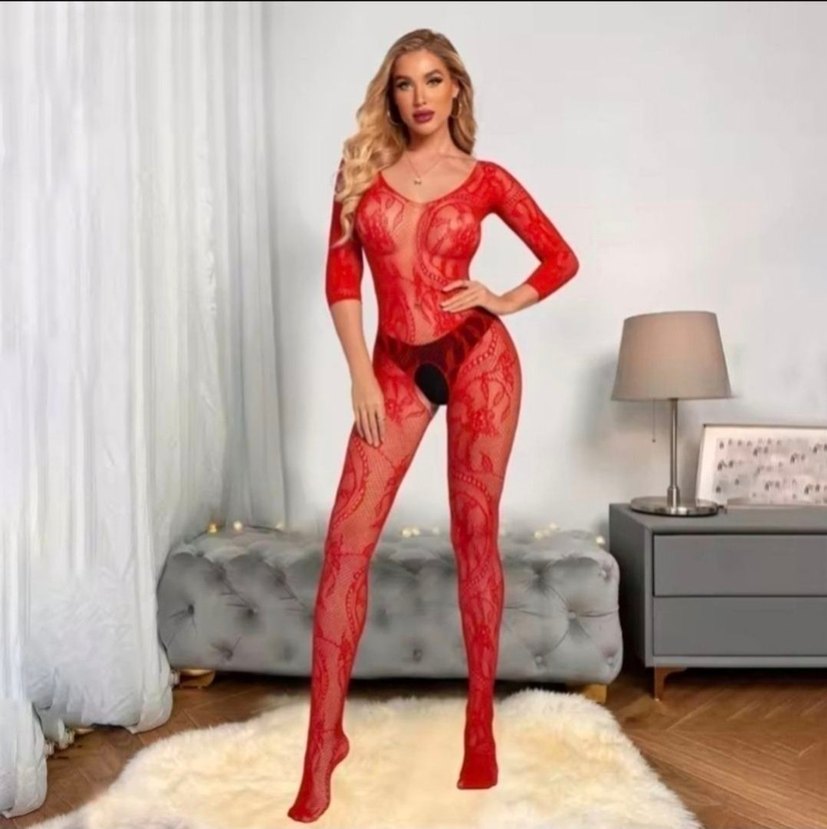 Kırmızı Dantel Detaylı Uzun Kollu Vücut Çorabı - Görsel 4