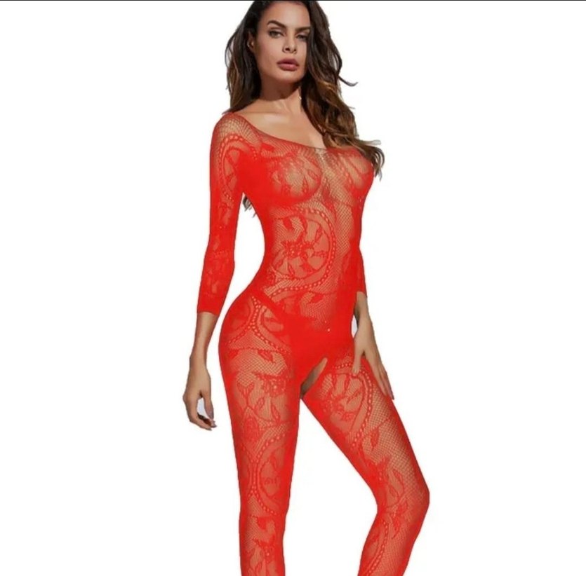 Kırmızı Dantel Detaylı Uzun Kollu Vücut Çorabı - Görsel 2