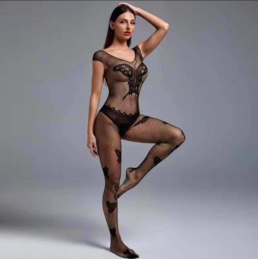 Siyah Dantel Detaylı Kelebek Desenli Vücut Çorabı - Görsel 3