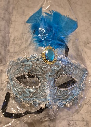 Mavi Tüylü Taş Süslemeli Parti Maskesi - Görsel 3