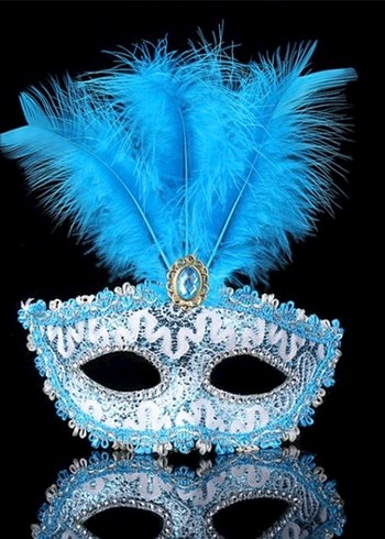 Mavi Tüylü Taş Süslemeli Parti Maskesi - Görsel 2